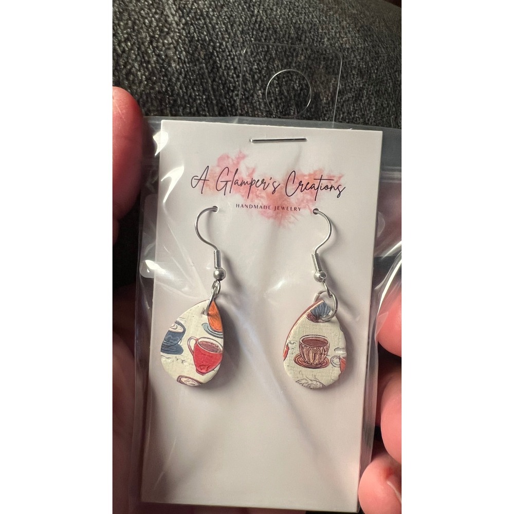 A Glamper's Creations Teardrop Earrings Womens Multicolor‎ NWT Coffee Cups Cork